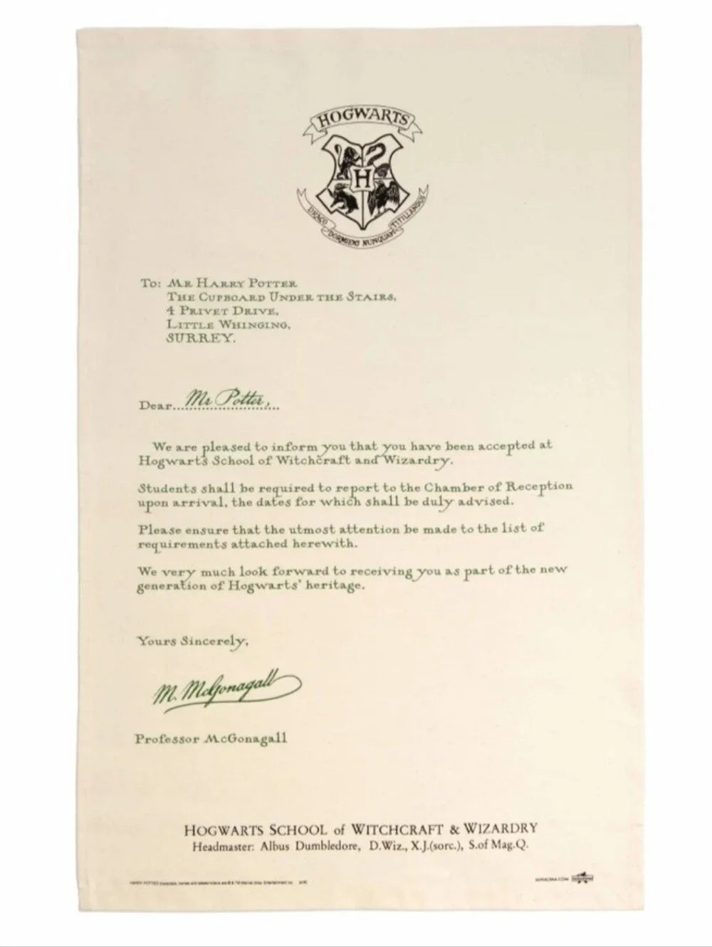 Harry Potter Acceptance Letter Tea Towel Wall Decor
